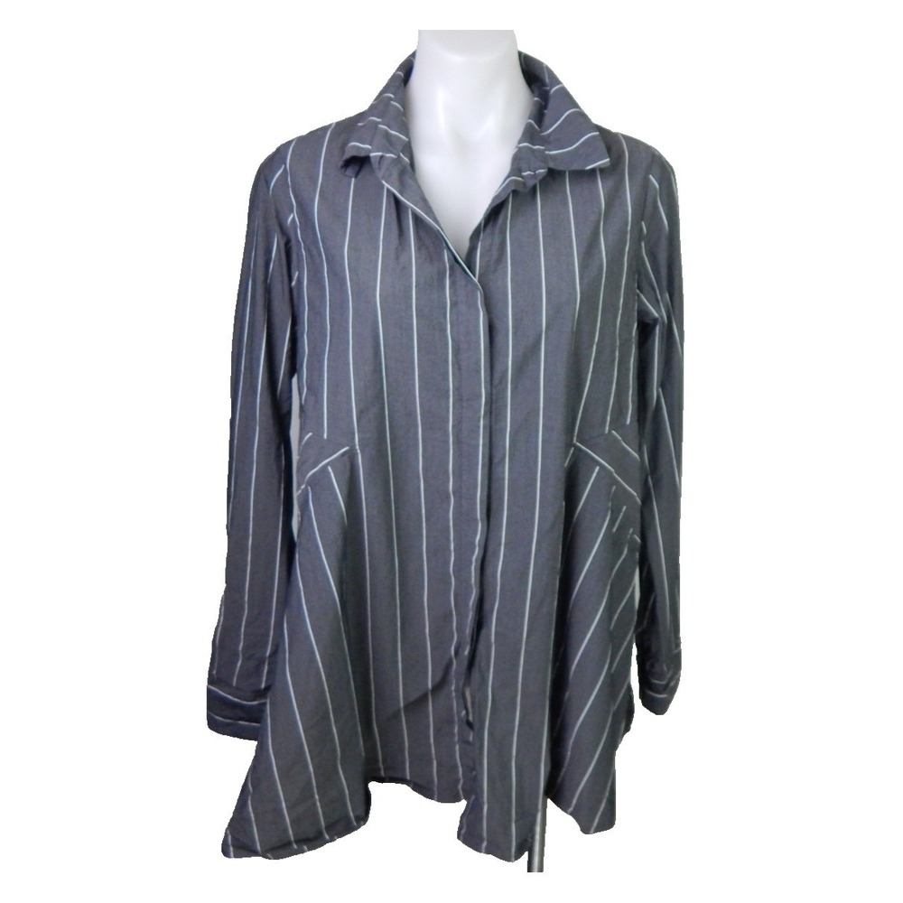 Comfy USA Top Striped Button Down A-Line Flowy Tunic Long Sleeve